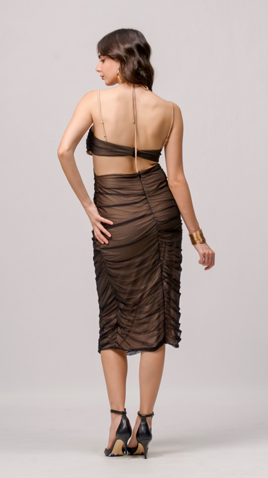 Ruched Nude & Black Knee Length Bodycon