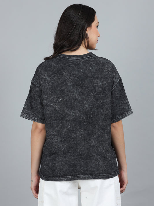 Women's Black Solid Knitted Oversized T-Shirt