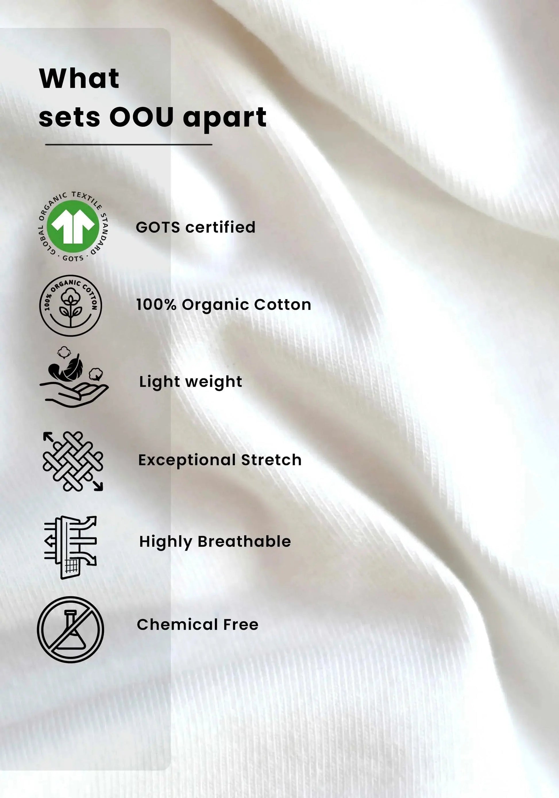 White regular fit t-shirt fabric highlighting lightweight, organic cotton, and breathable features by Stylera