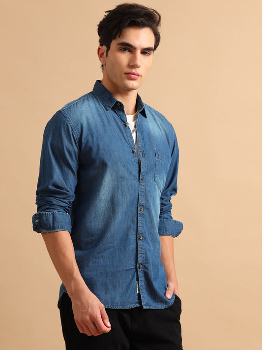 Men's Blue Solid Regular Fit Shirt