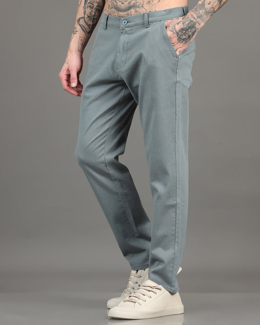 Men's Steel Regular Fit Solid Cotton Chinos Trousers