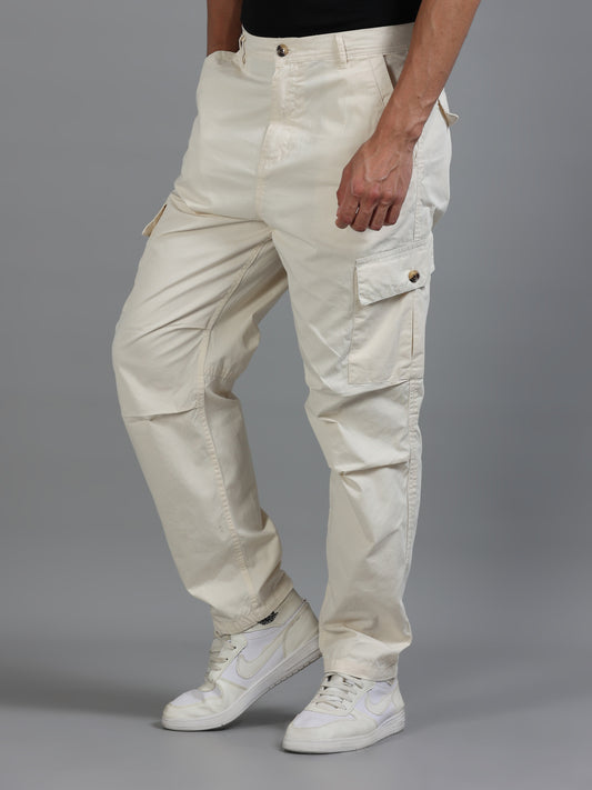 Men's Beige Relaxed Fit Solid Cotton Cargo Trousers