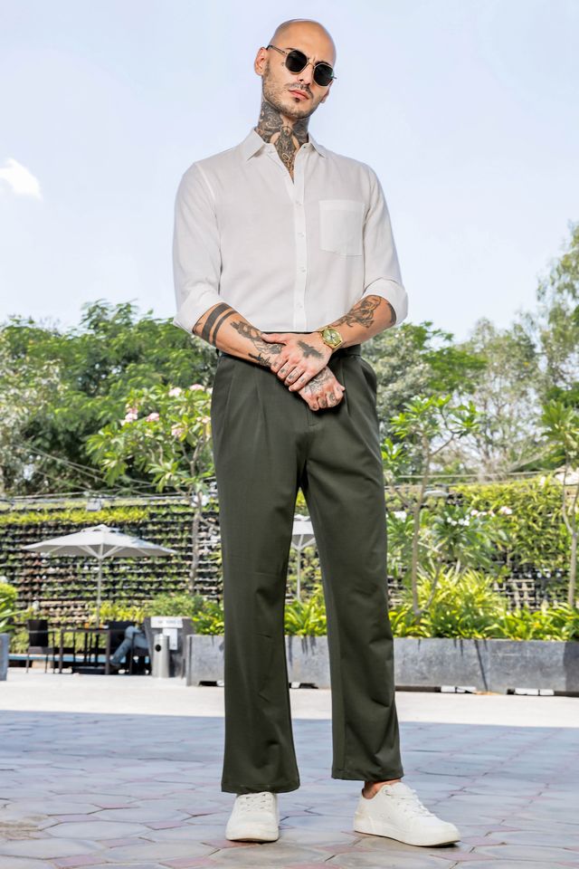 Olive Baggy fit Street Savvy Double Pleated Korean Trousers