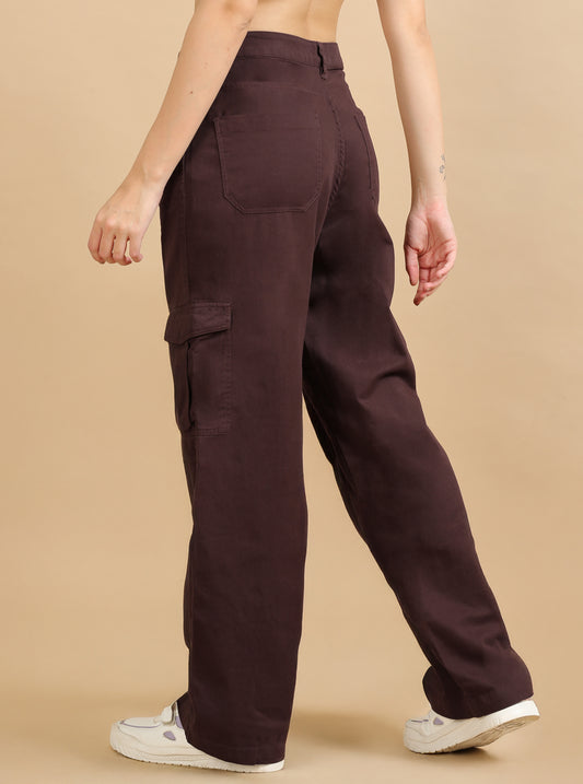 Women's Brown Loose Fit Solid Cotton Cargo Trousers