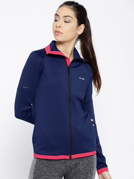 Alcis Women Navy Blue Solid Sporty Jacket ECMJBWJK0011-XS