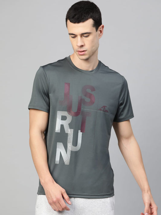Alcis Men Charcoal Grey Printed Round Neck Running T-shirt