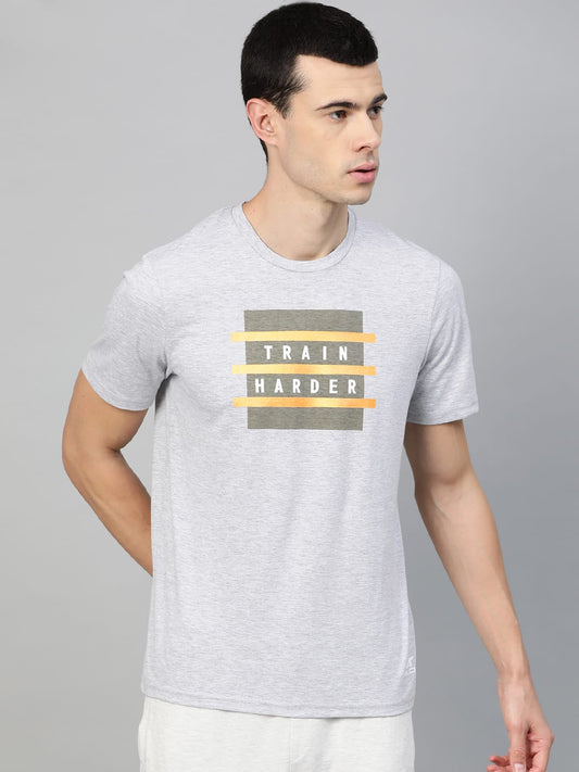 Alcis Men Grey Meange Printed Round Neck Training T-shirt