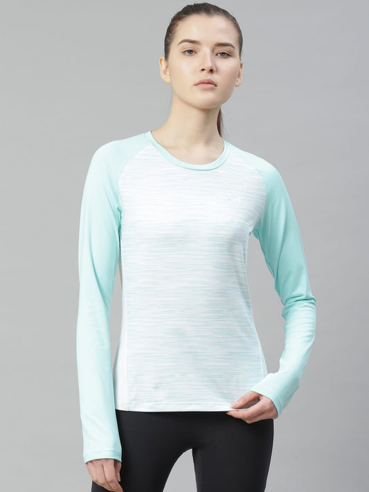 Alcis Women White & Green Self-Design Slim Fit Round Neck T-shirt