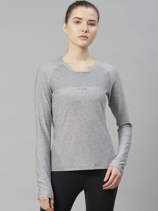 Alcis Women Grey Melange Printed Slim Fit Round Neck T-shirt