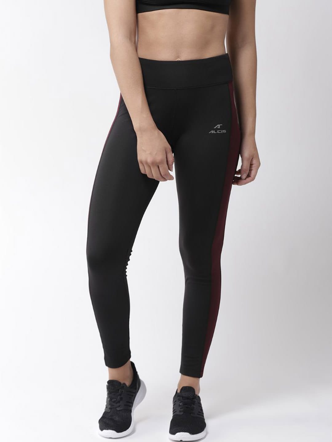 Alcis Women Black  Burgundy Solid Tights