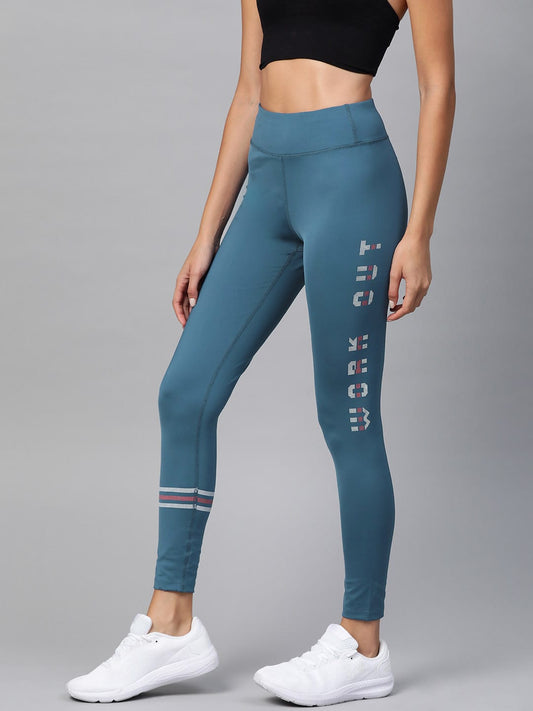 Alcis Women Teal Blue Printed Detail Cropped Tights