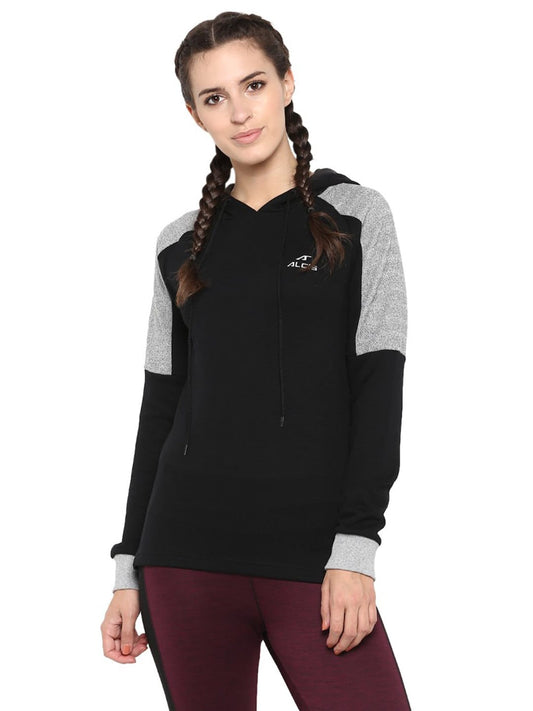 Alcis Women Black  Grey Colourblocked Hooded Sweatshirt