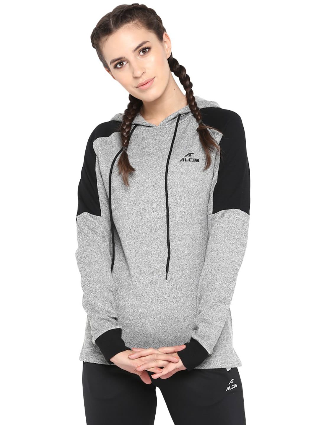 Alcis Women Grey  Black Colourblocked Hooded Sweatshirt