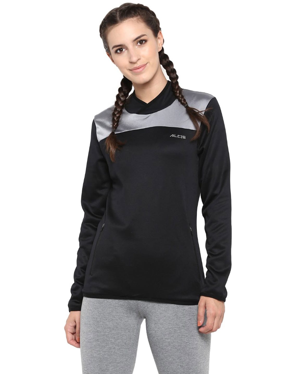 Alcis Women Black  Silver-Toned Colourblocked Sweatshirt