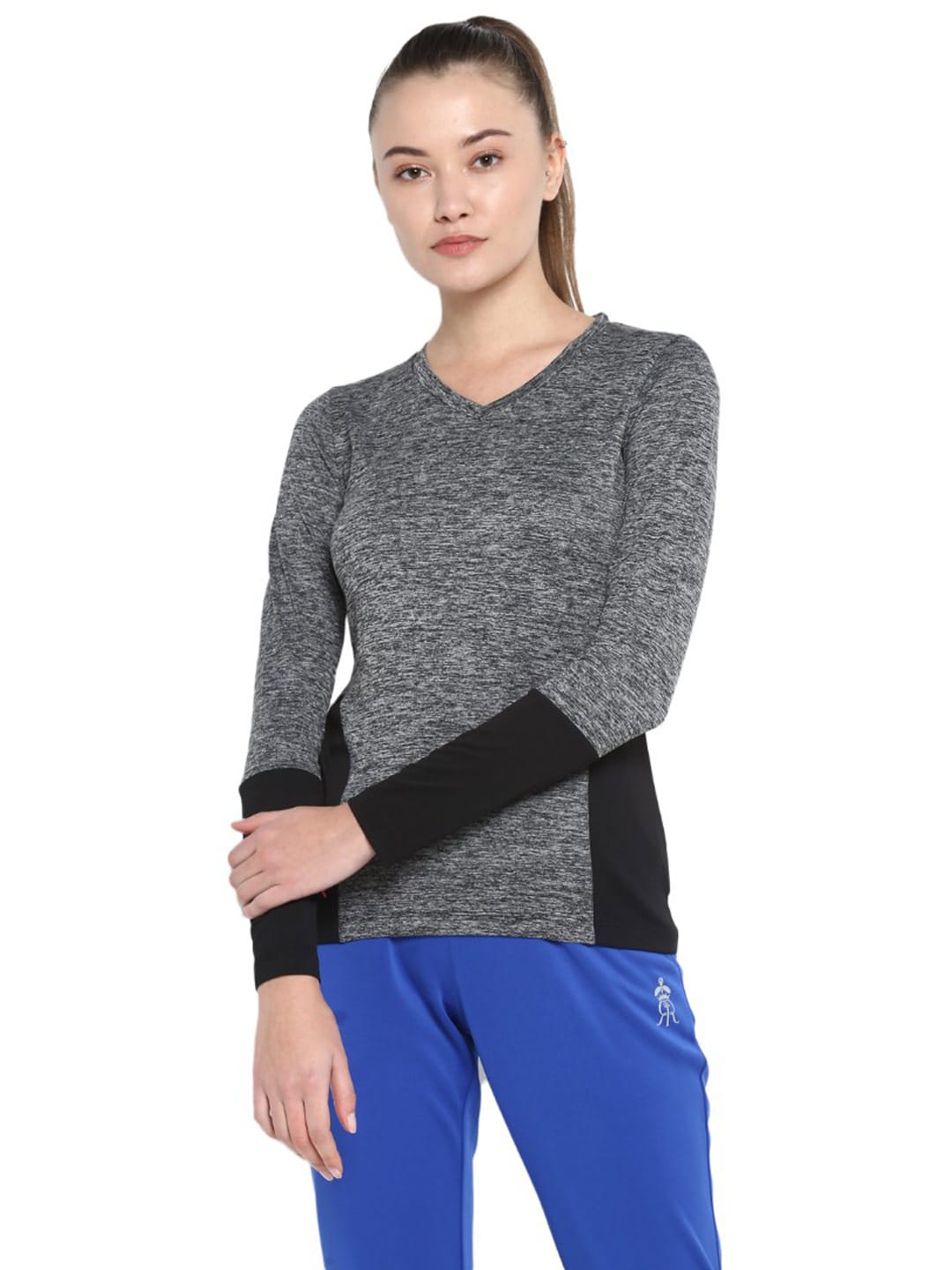 Alcis Women Grey  Black Solid V-Neck T-shirt