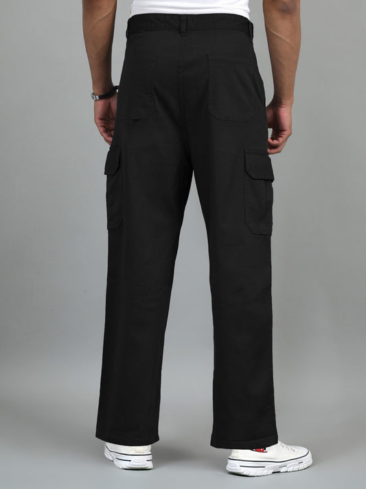 Men's Black Baggy Fit Solid Cotton Cargo Trousers