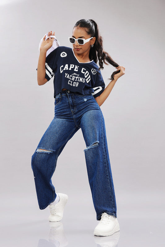 Funny Tales Print Extended Sleeves Cotton Pink Boxy Top