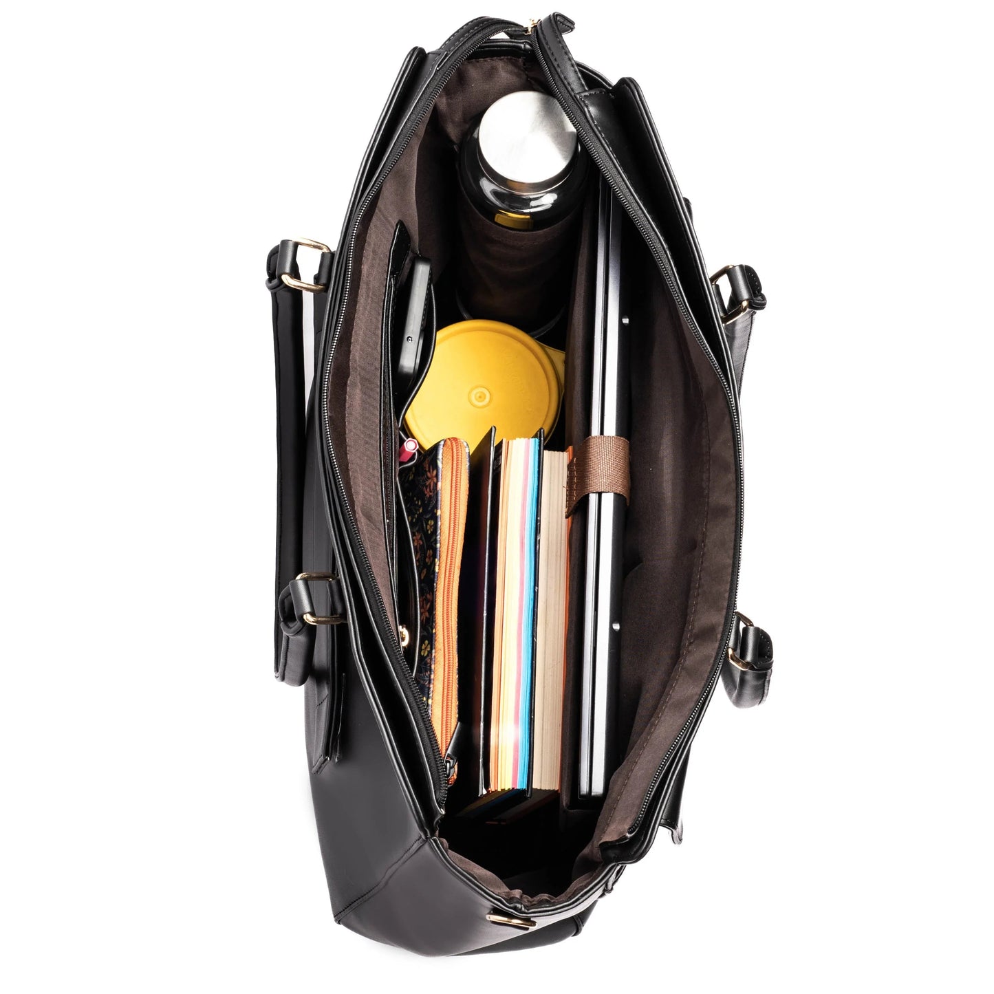 Spacious black oversized tote bag featuring compartments for a laptop, books, and other essentials, a fashionable large tote for laptops.