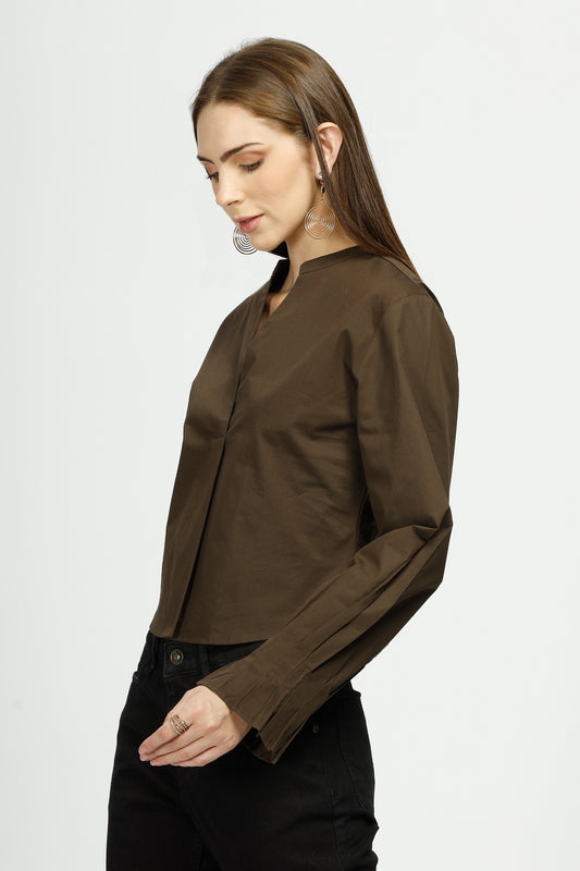 Women's Olive Solid Woven Crop Top