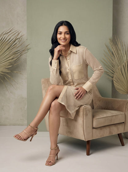Women’s Beige Sheer Mesh Shirt Dress with Faux Leather Details