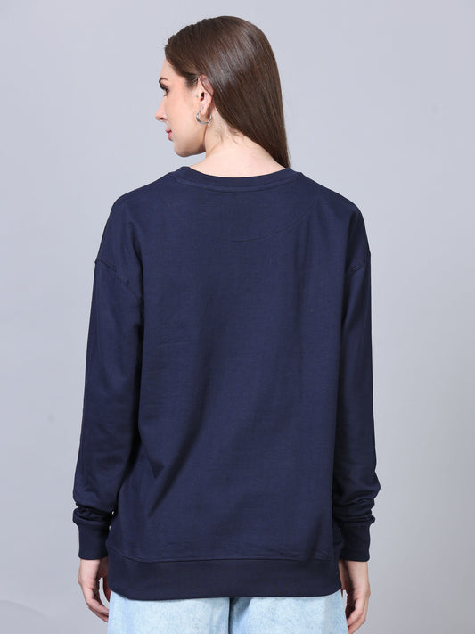 Women's Navy Blue Solid Knitted Oversized T-Shirt
