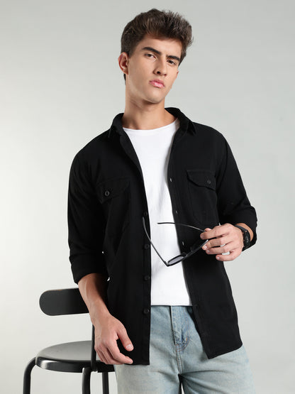 Black Cotton Shirt | Regular Fit
