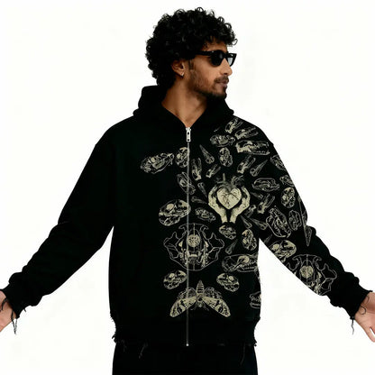Fractured Pulse Printed Black Zipper Hoodie FLYAF