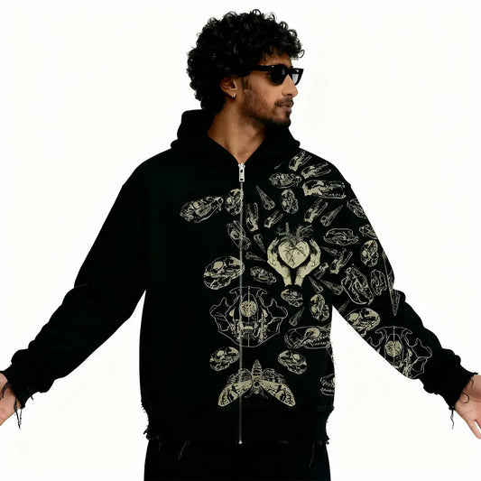 Fractured Pulse Printed Black Zipper Hoodie FLYAF