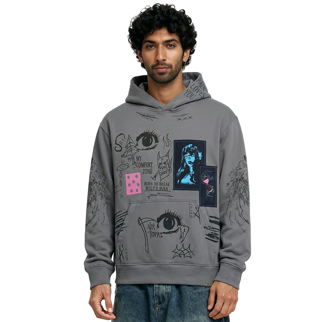 Cryptic Canvas Regular Fit Printed Grey Hoodie