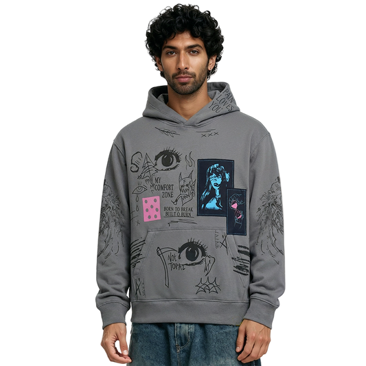 Cryptic Canvas Regular Fit Printed Grey Hoodie