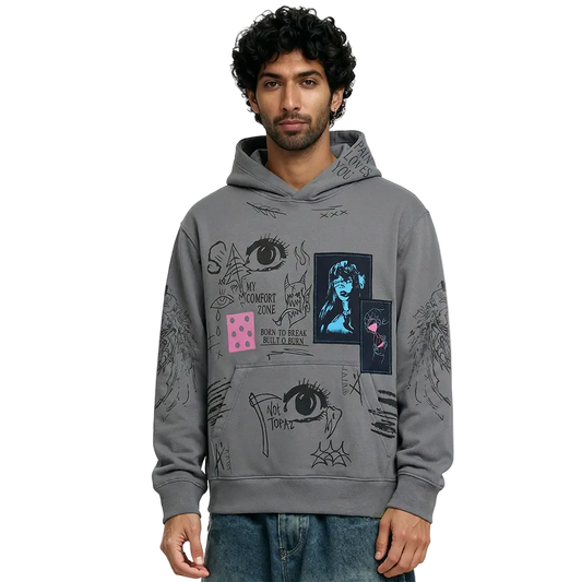Cryptic Canvas Regular Fit Printed Grey Hoodie FLYAF
