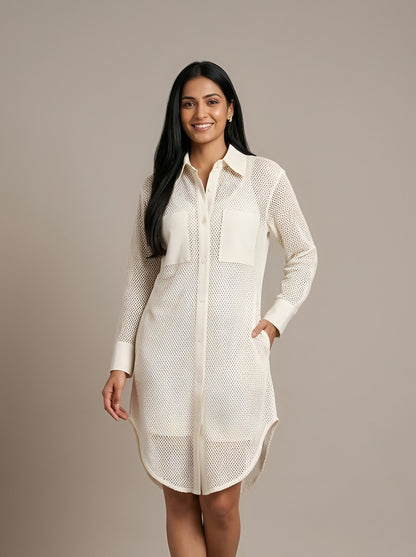 Women’s White Sheer Mesh Shirt Dress with Faux Leather Details