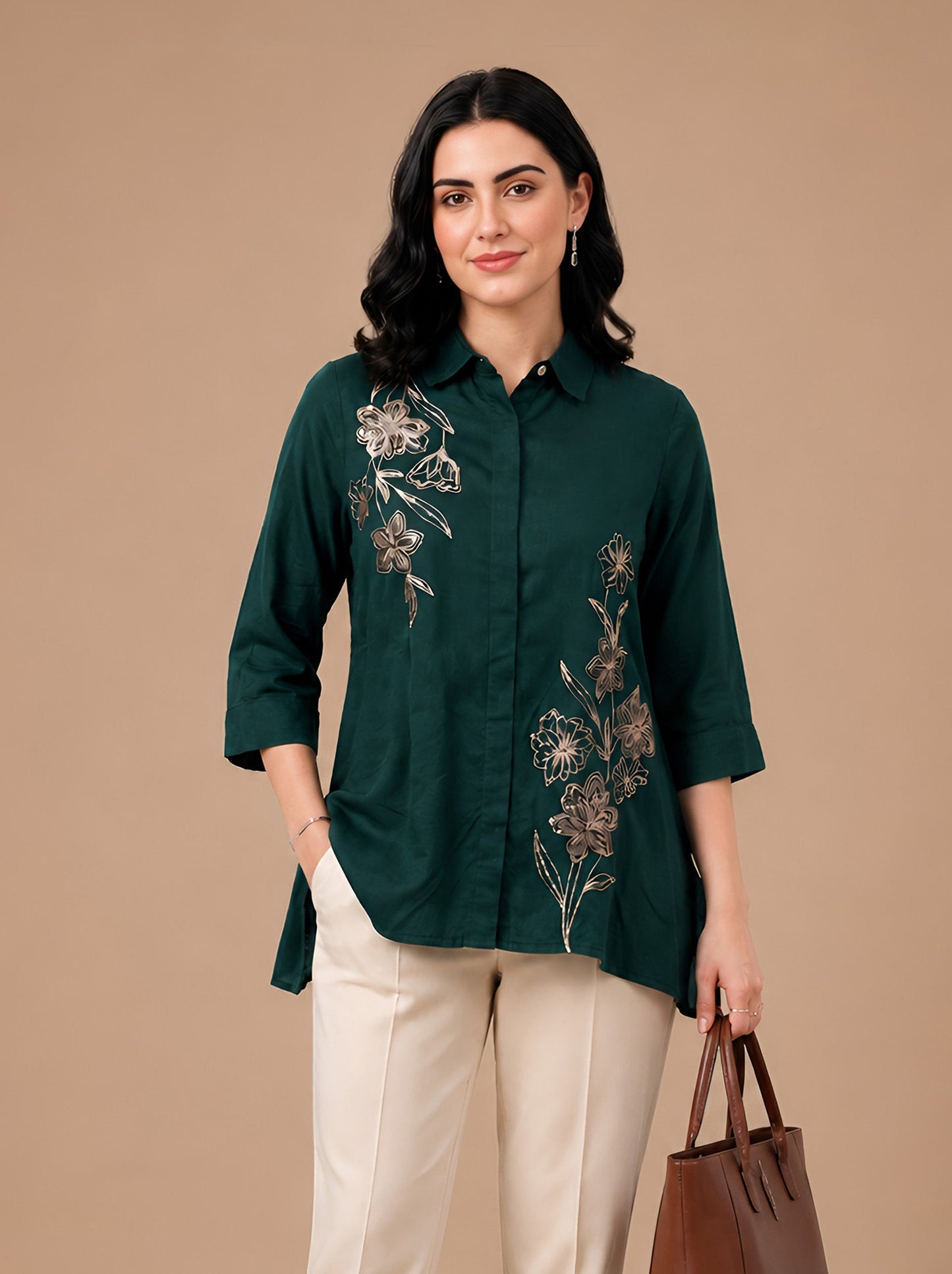 Green Modal Satin Embroidered Short Kurti