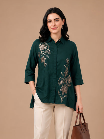 Green Modal Satin Embroidered Short Kurti