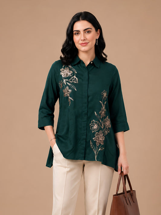 Green Modal Satin Embroidered Short Kurti