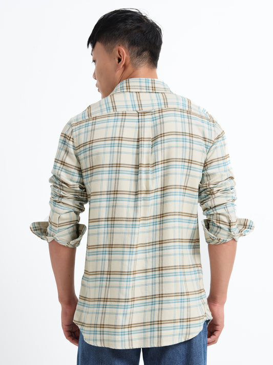 Men's Cream Tartan Checks Regular Fit Shirt