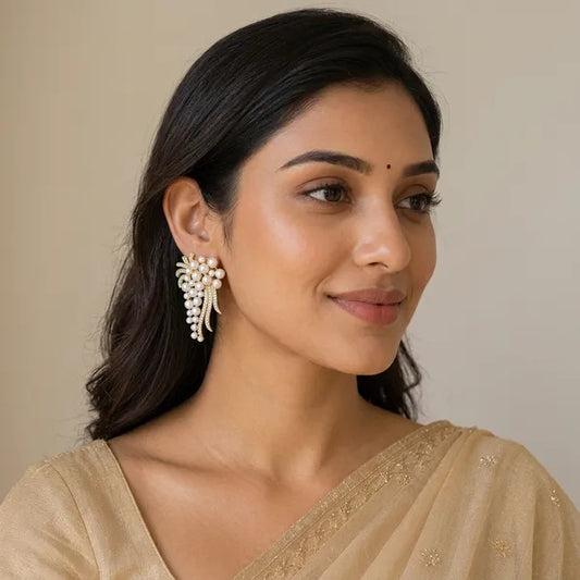 Gold Pearl Cluster Drop Earrings For Women