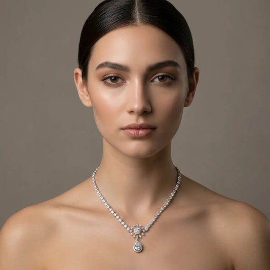 Silver Crystal Floral Pendant Necklace For Women