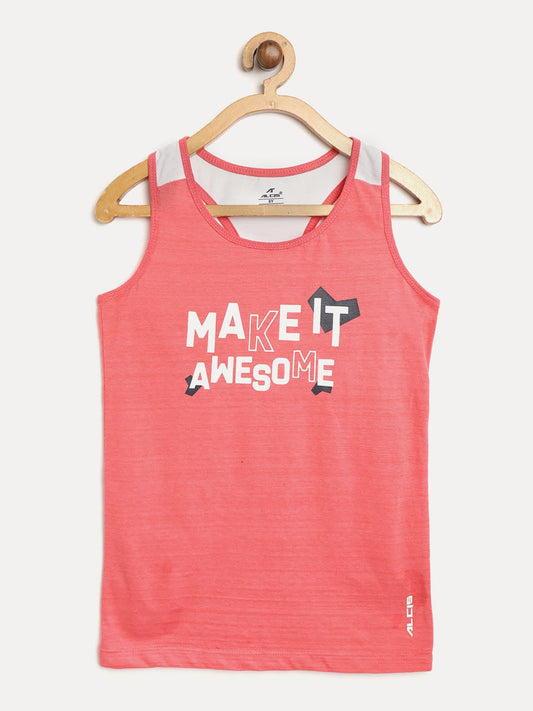 Alcis Girls Coral Pink  White Printed Running Tank Top