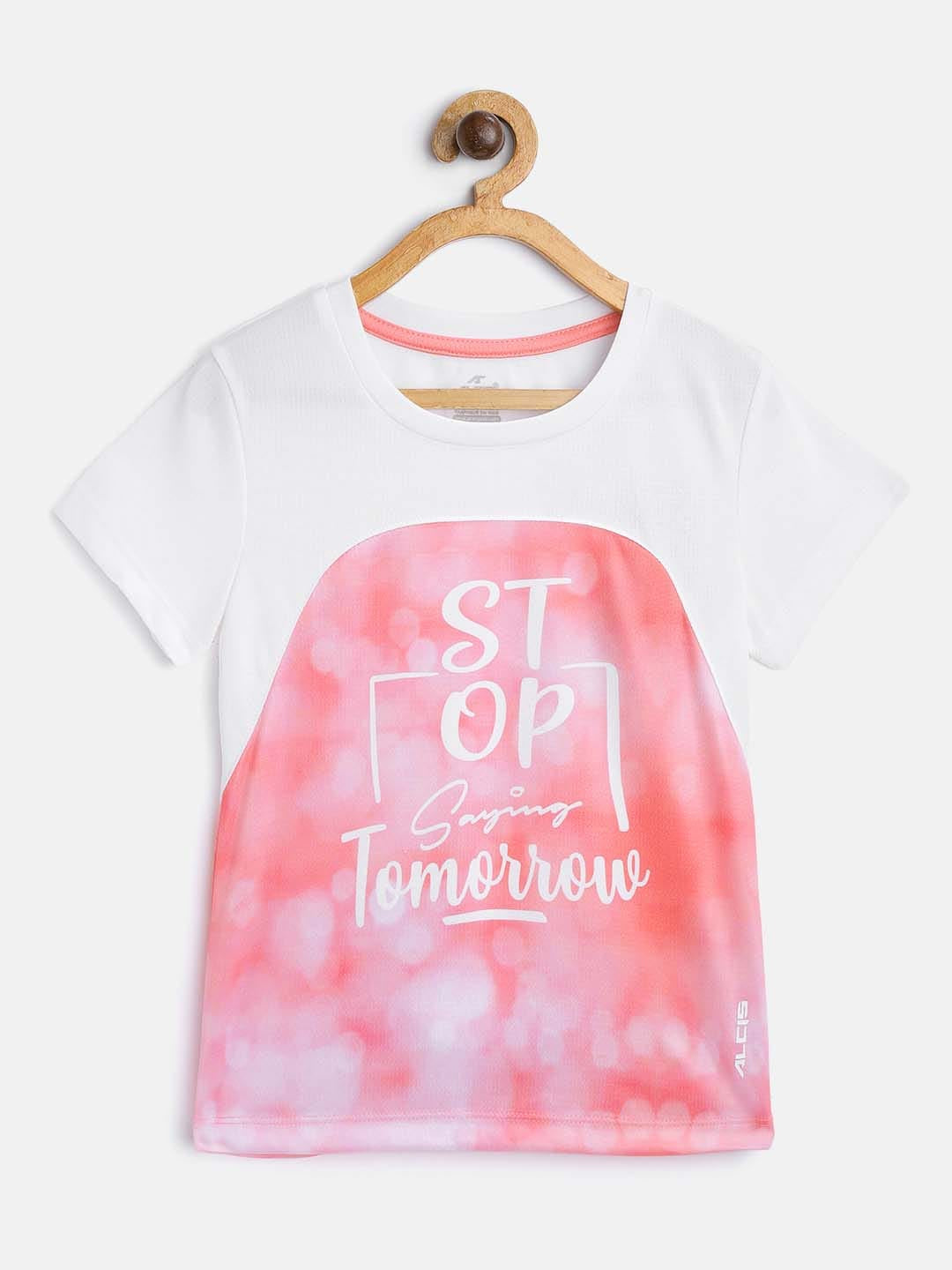 Alcis Girls Pink  White Printed Round Neck Running T-shirt