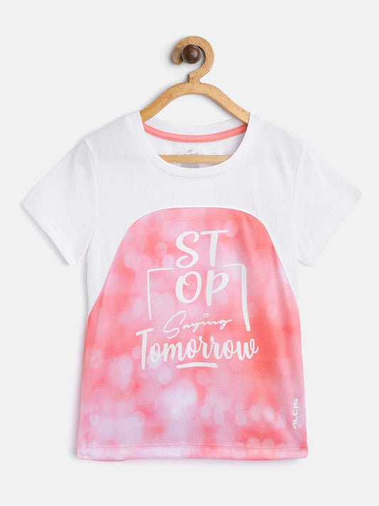 Alcis Girls Pink  White Printed Round Neck Running T-shirt