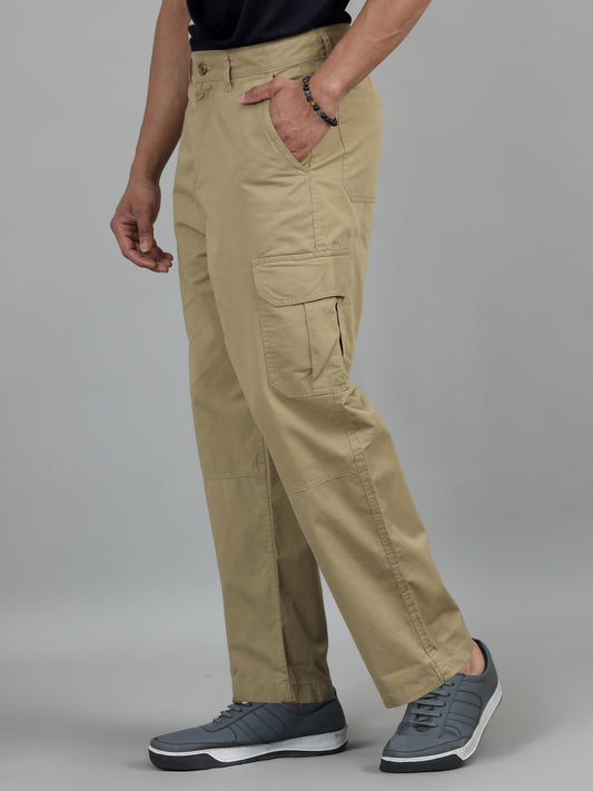 Men's Khaki Baggy Fit Solid Cotton Cargo Trousers