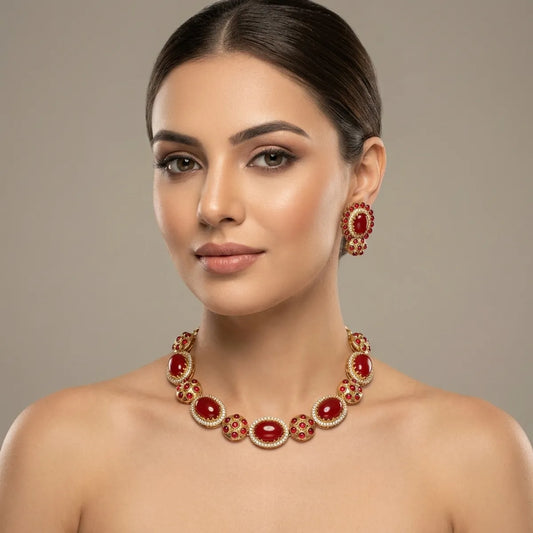 Red And Gold Kundan Stone Necklace And Earring Set For Women