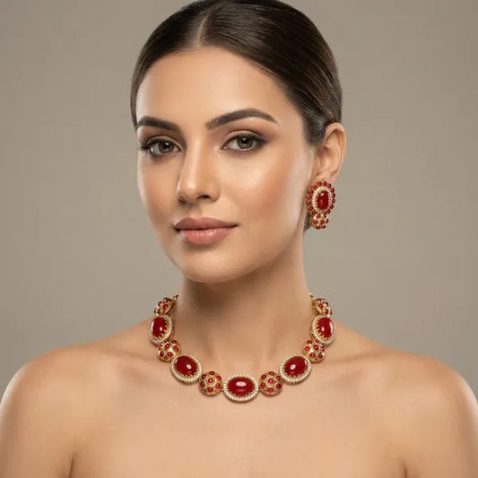 Red And Gold Kundan Stone Necklace And Earring Set For Women