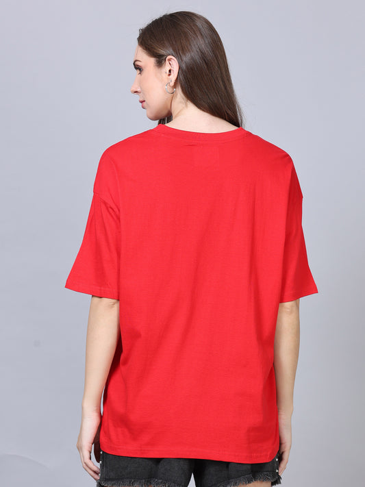 Women's Red Solid Knitted Oversized T-Shirt
