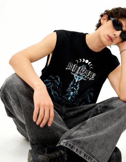 Person wearing a black t-shirt with a graphic design on a white background