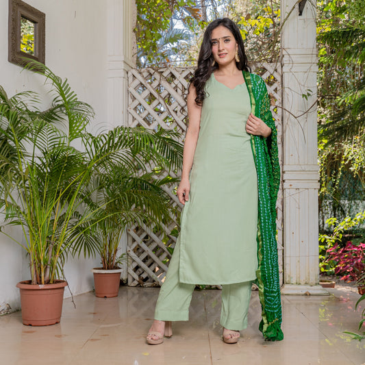 Green Bandhani Suit Set - Ambraee