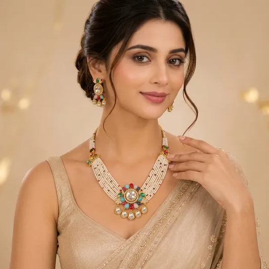 Multicolor Kundan Pearl Stone Necklace Set For Women