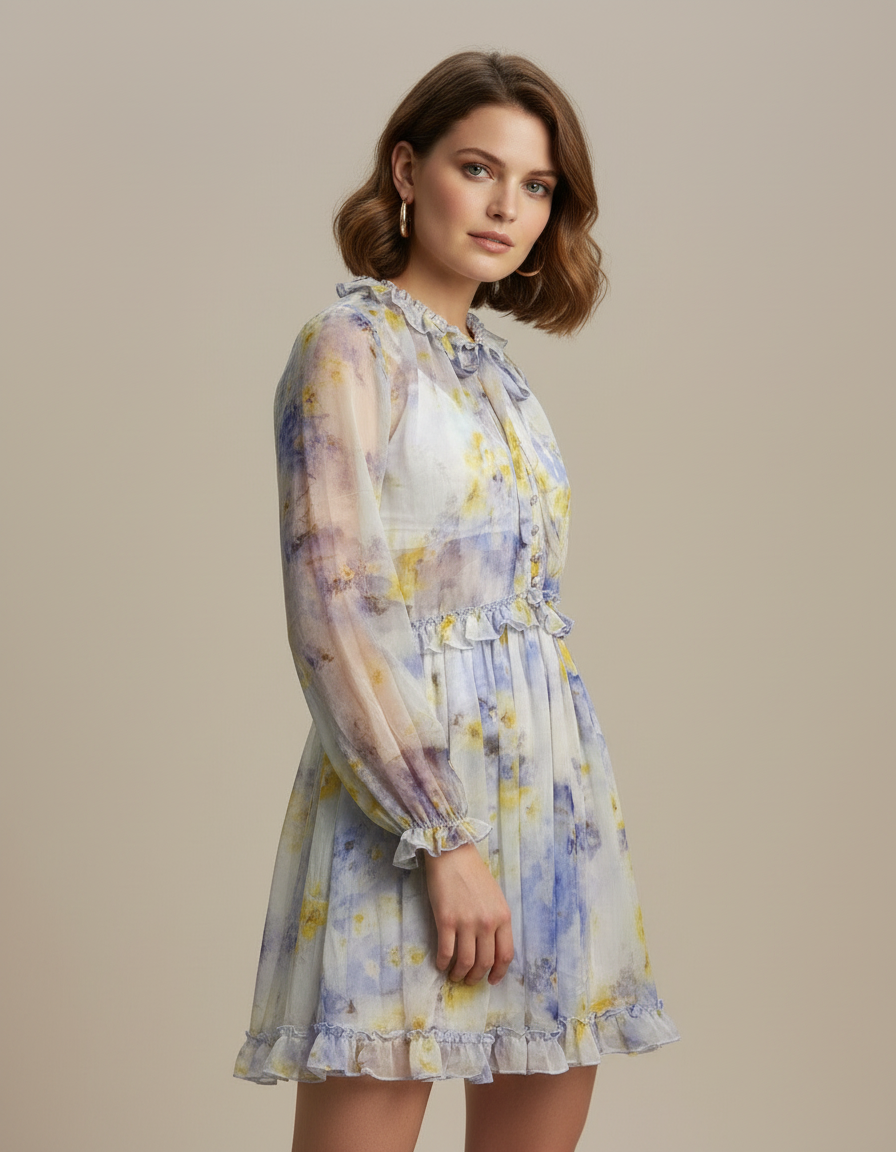 Watercolor  Ruffled Mini Dress