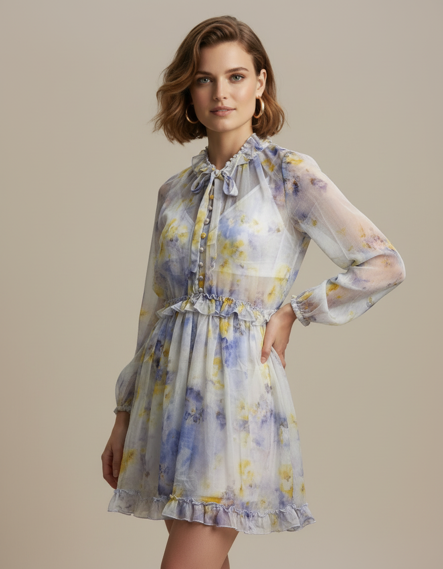 Watercolor  Ruffled Mini Dress